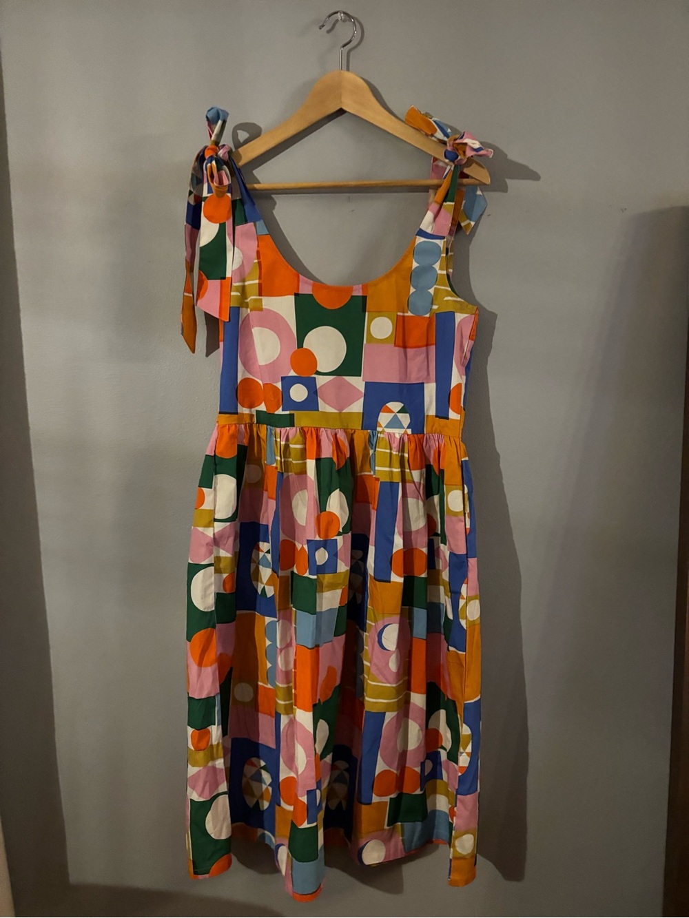 Geometric Tie-Shoulder Midi Dress in Pink, Blue, Green, Yellow, Orange - Picture 6 of 11